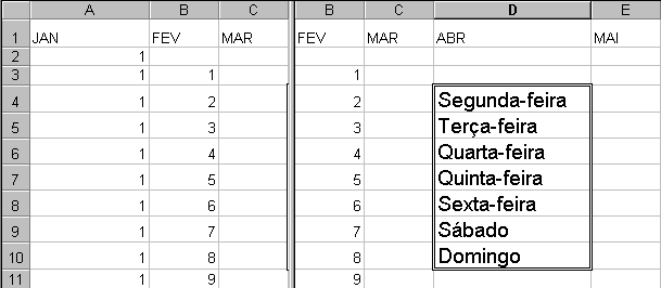 Dividir a janela do Excel97 na vertical <posicione> abra a planilha PLAN01, caso não esteja aberta o cursor na célula D1 Janela - Dividir a planilha esta dividida na vertical remova a divisão