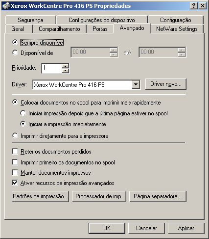 A guia Portas permite a seleção de portas para impressão. A partir desta guia, é possível adicionar uma nova porta, excluir uma porta existente e configurar uma porta.