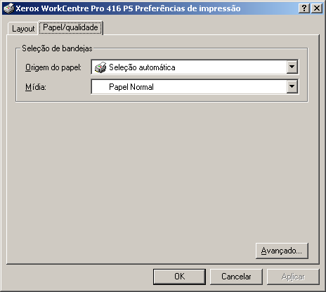A guia Papel/qualidade é utilizada para determinar a seleção de bandeja padrão e o tipo material de impressão