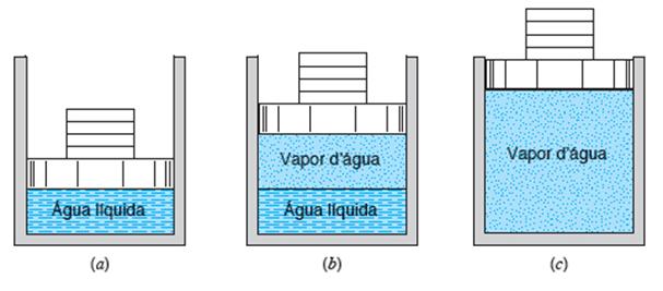 (b) apresenta a mistura líquido-vapor saturado e após toda a transformação de fase temos o vapor superaquecido (c).
