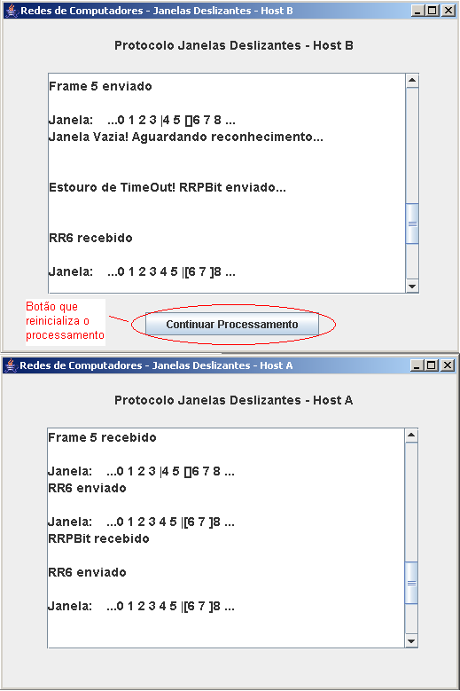 Figura 9: Saída (Output) do software para o protocolo de Janelas Deslizantes sem ocorrência de erros na transmissão de reconhecimentos o Protocolo de Janelas Deslizantes do livro de William