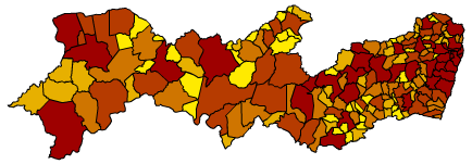 Na figura 7, observa-se que tanto a divisão do território do estado em municípios quanto os totais de população destas unidades de base da federação seguem um padrão diferente em cada uma das regiões