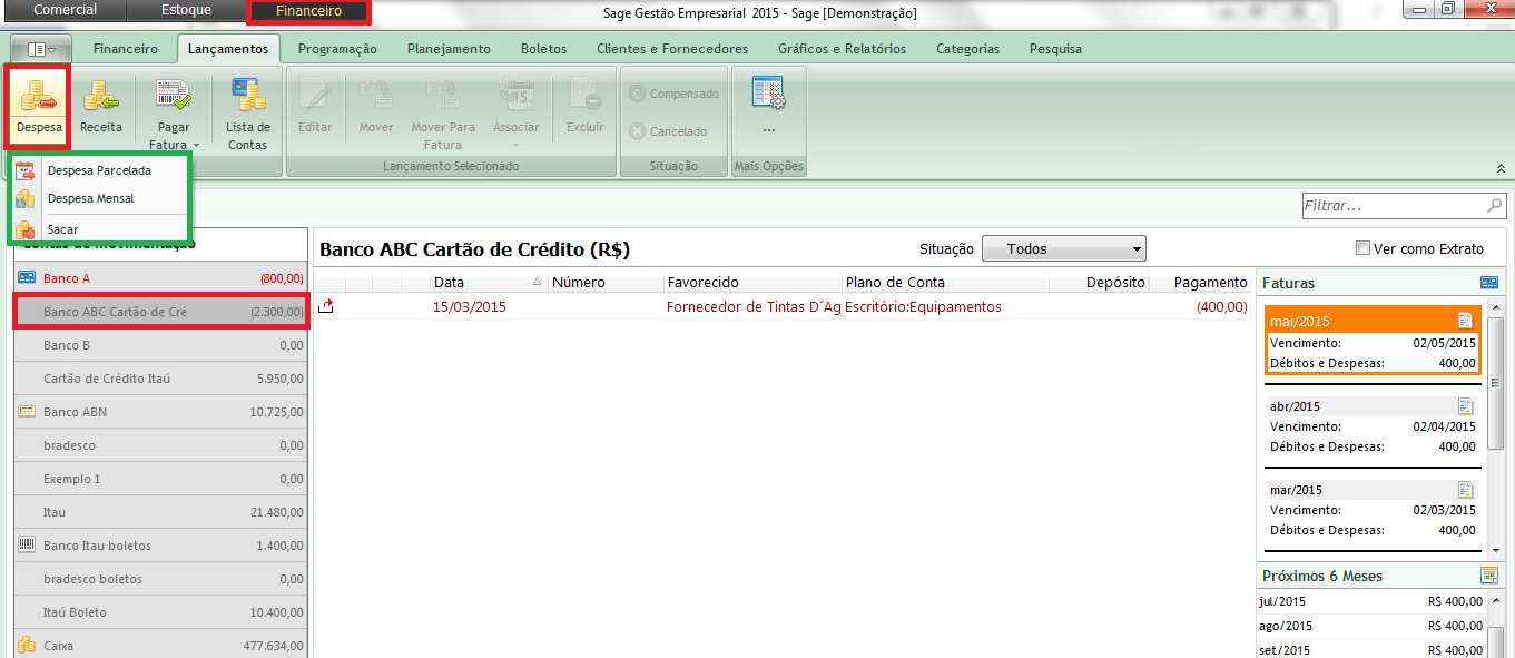 6.2.2. Lançamento de Despesa no Cartão de Crédito Uma conta modelo Cartão de Crédito fará o controle dos gastos com cartões de crédito, através de faturas com data de vencimento e dia de fechamento