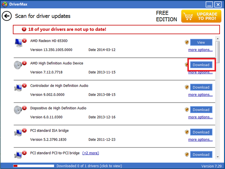 Para baixar a atualização clique na opção Download que estiver na frente do driver que você deseja atualizar.