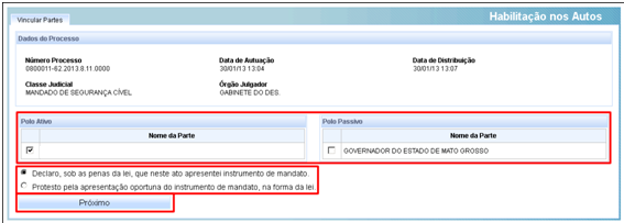 10.1 Consultar processo para habilitação: Figura 52 10.2 Vincular partes Selecione a qual parte será vinculado o advogado.