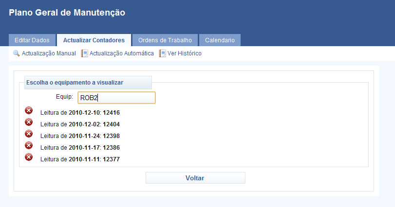 Aplicação Informática para Gestão de Manutenções em Empresa de Cablagens Figura 18 Actualização automática de contadores Gestor Ver histórico O histórico dos contadores é uma peça importante no