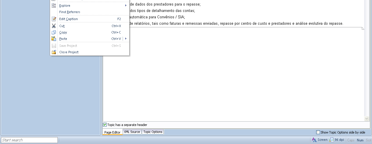 Uma vez determinada a posição do novo tópico, será aberta uma janela para que sejam definidas algumas características do novo tópico, tais como descrição (Topic Heading), ID (Topic ID) e formato do