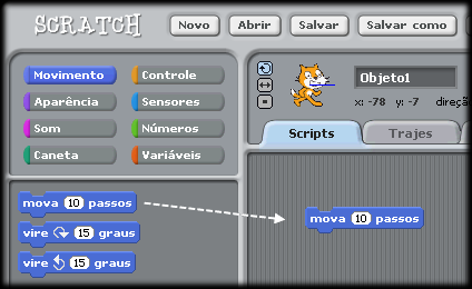 Criar Movimento 2 Vamos estudar os comandos e animações básicas no Scratch. Veja agora como fazer um objeto se movimentar. Clique na categoria Movimento dos blocos de Scripts.