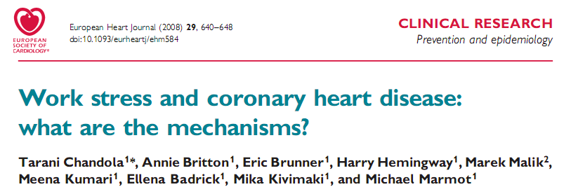 Chronic work stress was associated with coronary heart disease and this association was stronger among participants aged under 50 (RR 1.