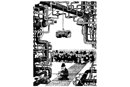 63. (Ufscar 2005) Quino, criador da personagem Mafalda, é também conhecido por seus quadrinhos repletos de humor chocante. Aqui, o executivo do alto escalão está prestes a cair em uma armadilha fatal.