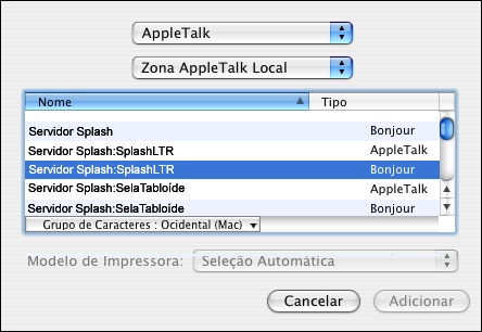 HOT FOLDERS E IMPRESSORAS VIRTUAIS 71 6 Selecione a zona AppleTalk para o Splash RPX-ii na lista. As impressoras AppleTalk na zona especificada aparecem na lista.