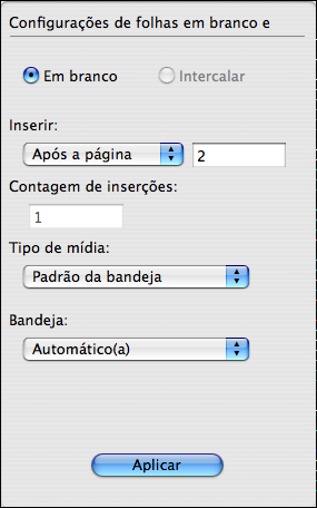 RECURSOS DE PRODUÇÃO DO SPLASH RPX-ii 88 Folhas em branco e intercaladoras Especifique uma folha em branco a ser inserida antes ou depois da página selecionada.