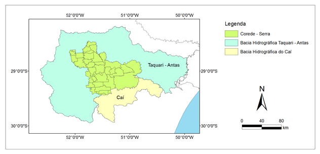 Figura 2. Mapa com a localização do Conselho de Desenvolvimento da Serra em relação às Bacias Hidrográficas Taquari-Antas e Caí. Fonte: ISAM (2015).