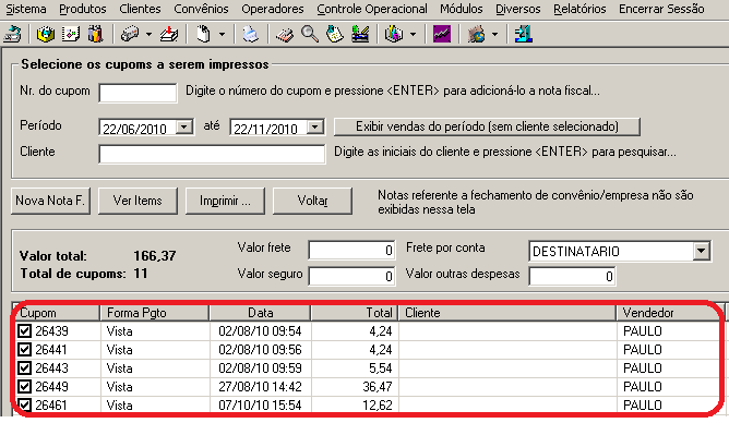 Tutorial UltraPDV - GERAÇÃO DO ARQUIVO ELETRÔNICO DE NOTA FISCAL 2. Venda por período; clique no botão NOVA NOTA F.