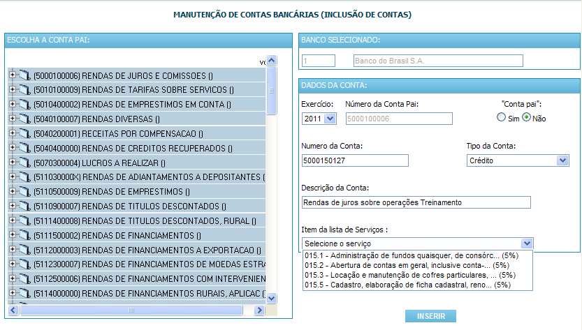 Clique sobre o sinal para informar a conta Pai (Primária). Clique sobre a conta Pai e a mesma irá aparecer automaticamente no campo Dados da Conta.