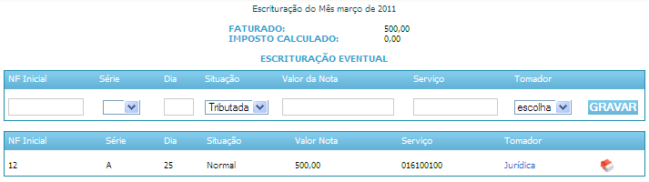 Para escrituração Fiscal, siga os procedimentos descritos nas páginas 26 a 30 deste manual; Os lançamentos dos serviços eventuais serão