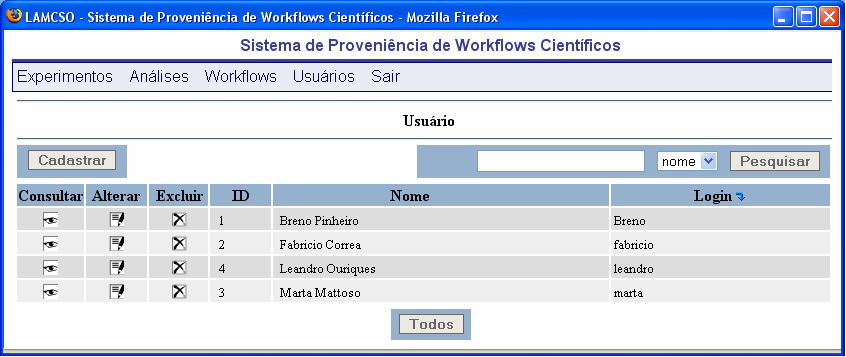 5.4.2 Cadastro de Usuários Ao clicar na opção Usuários do menu superior, o sistema apresenta uma tabela que contém todos os usuários cadastrados no sistema que correspondem aos engenheiros que