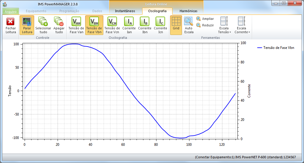8. SUPERVISÃO 8.1.2 Oscilografia Supervisão da Forma de Onda de Tensão, e Corrente. IMS PowerNET P-600. A Figura 48 mostra a tela de supervisão da Forma de Onda de Tensão, e Corrente e suas opções.