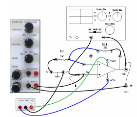 Figura 4: amplifi cador não inversor. 2. Ajuste o gerador de funções da maleta, em 2Vpp/senoidal/1KHz e nível de offset nulo. Essa será a entrada do circuito (Ve).