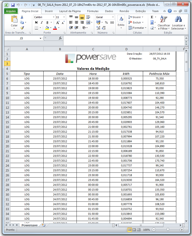 Figura 5 Relatório Powersave em Excel. Atualização do Medidor: É possível também atualizar o firmware do medidor através do Software quando o dispositivo está conectado à USB do computador.