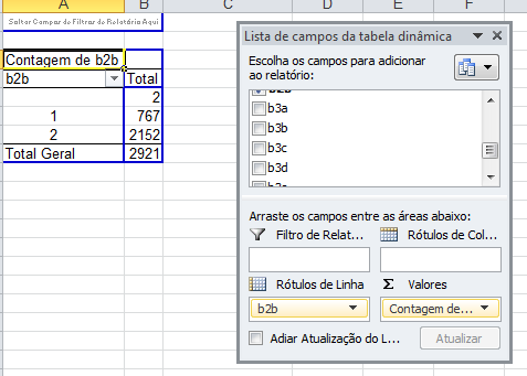 3) Construir uma tabela univariada: Selecione uma variável categórica e solte na coluna -> selecione uma variável categórica e solte na linha -> seleciona a variável ( valores) () (3) (4) () () lista