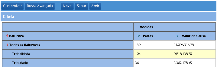 Botões para utilização de Cubos: Customizar: exibe ou esconde os campos disponíveis, colunas e linhas do cubo em questão; Busca Avançada: permite adicionar filtros nos dados exibidos pelo cubo; Novo: