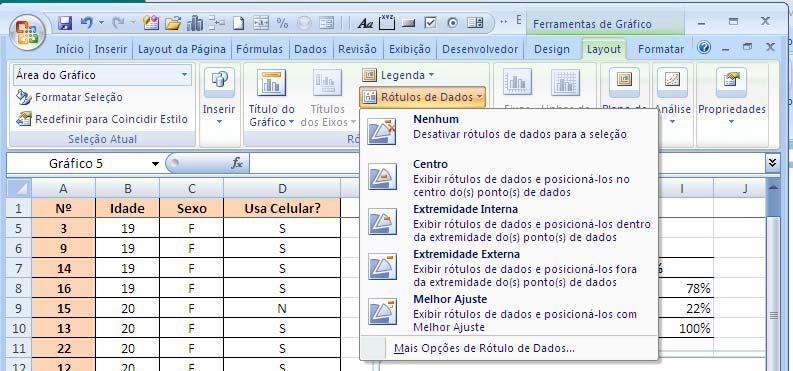 8. Para incluir os rótulos, basta clicar no item Mais Opções de Rótulos de Dados.