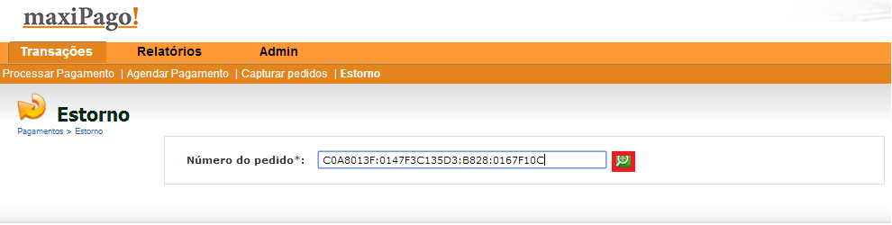 Copie o ID do Pedido ou OrderID ; Clique em Transações (1); Clique em Estorno (2); Preencha o campo do