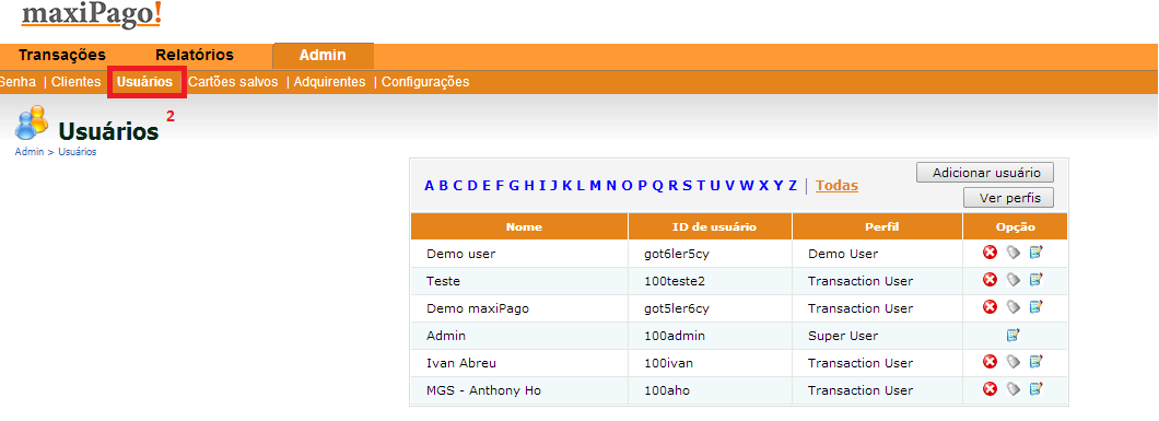Clique em Admin (1); Clique em Usuários (2); Se possuir muitos usuários, utilize o filtro que