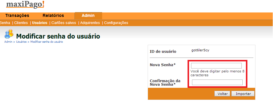 Clique sobre a imagem de cadeado do registro de usuário que deseja modificar a senha, conforme na figura acima; Informe uma nova