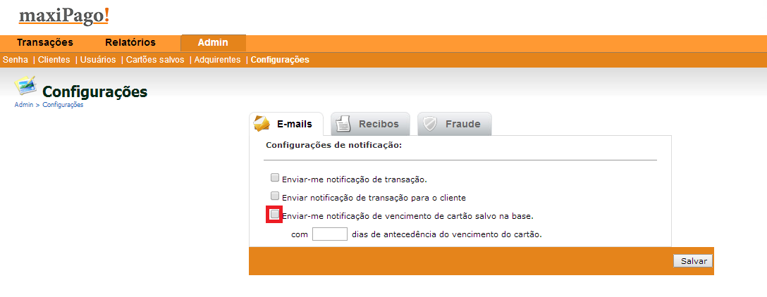 11.2 Enviar Notificação da Transação ao Cliente Ainda dentro da mesma Aba E-mails : Dentro do mesmo menu, marque a caixa correspondente a opção: Enviar notificação de transação