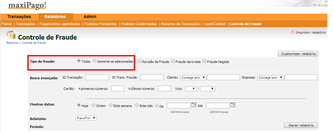 14.11 Relatório de Controle de Fraude Clique em Relatórios (1); Clique em Controle de Fraude