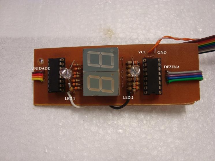 seguinte forma: quatro bits de entrada acopladas no micro controlador 8051 da unidade e quatro bits de entrada acoplados no micro controlador 8051 da dezena, dois bits entrada acoplada no 8051 um
