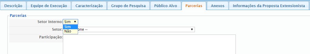 A aba seguinte é referente ao Grupo de Pesquisa, de forma a associar seu Projeto/Programa de Extensão ao Grupo do qual faz parte.