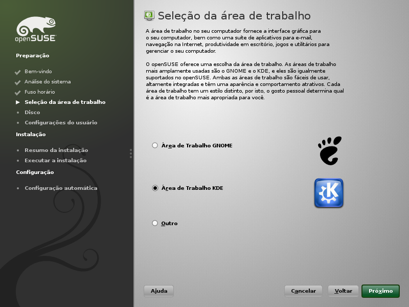 Figura 1.5 Seleção da área de trabalho 1.10 Particionamento sugerido Defina uma configuração de particionamento para opensuse nesta etapa.