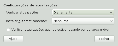 Verificar por atualizações quando estiver usando banda larga móvel Por padrão, o atualizador não verifica por atualizações quando estiver usando banda larga móvel.