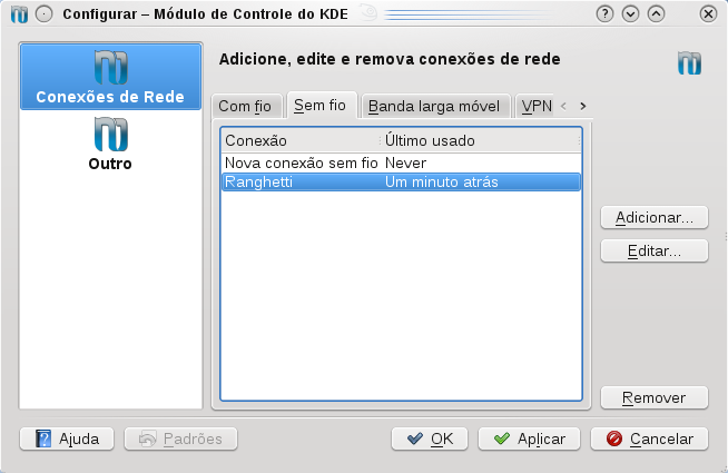 Se você usa KDE, abra o menu principal e clique em Configurar Área de Trabalho. Em Configurações Pessoais, selecione Conexões de Rede na aba Geral para abrir o diálogo de configuração de rede.