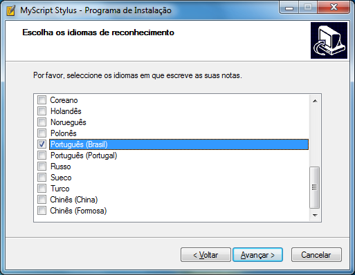 1.4 Instalação para o MyScript Stylus Durante a instalação, a tela [MyScript Stylus] é exibida se você tiver selecionado MyScript Stylus na tela [Instalação personalizada].