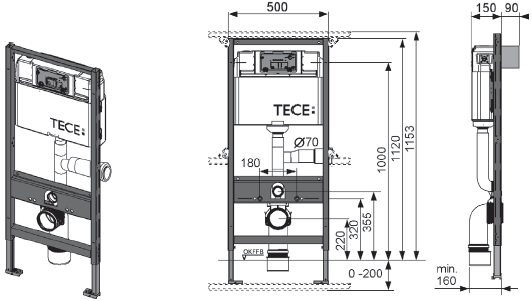 Estrutura de WC TECEprofil Módulo de WC TECEprofil com cisterna TECE, accionamento pela frente, altura de construção 1.120 mm.