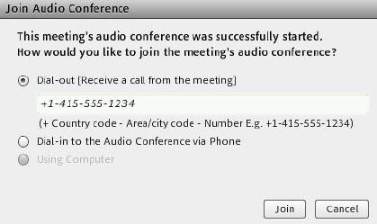 Começando uma Áudio Conferência Durante uma Reunião Entre na reunião desejada. No menu Audio (Áudio), selecione Start Meeting Audio (Iniciar Áudio da Reunião).