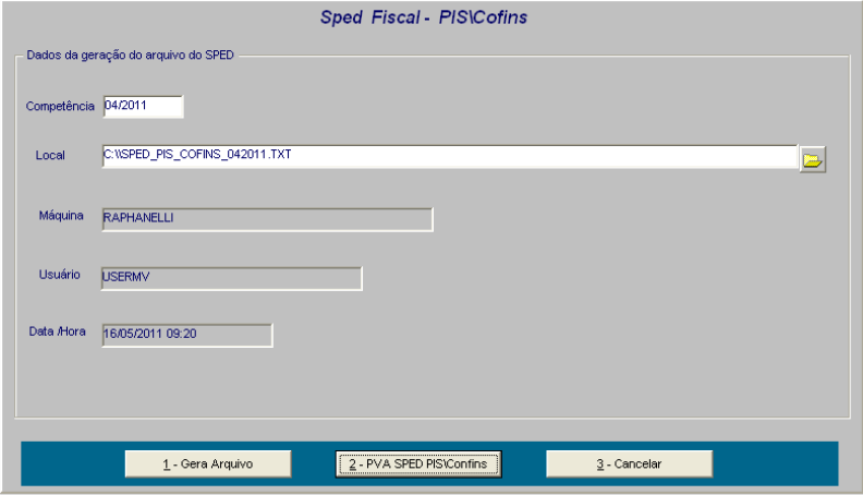 Geração do arquivo digital em.txt Para gerar o arquivo digital, o usuário deverá acessar a tela Sped Fiscal PIS/Cofins (FFCV / Lançamentos / SPED / Fiscal PIS/Cofins).