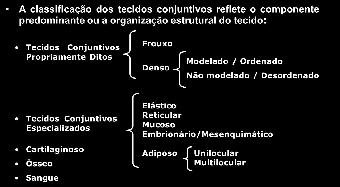 Tecidos Conjuntivos: A ampla variedade de tecidos conjuntivos reflete a variação na composição e na quantidade de seus três componentes: células, fibras e substância fundamental amorfa.