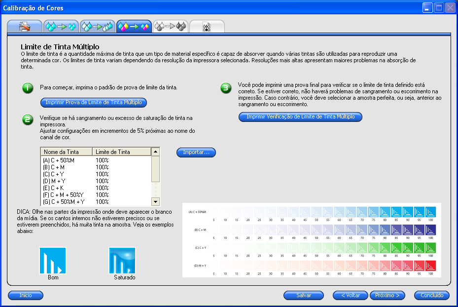 8) Na janela seguinte será ajustado o Limite de Tinta Múltiplo, semelhante ao teste de Limite de Tinta.