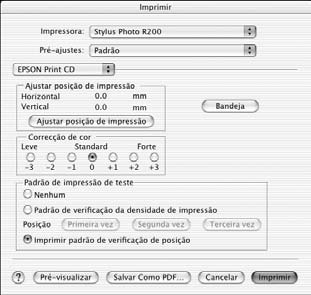 8. Selecione a opção EPSON Print CD no menu suspenso. 9. Selecione Imprimir padrão de verificação de posição. 10. Clique em Imprimir e depois em OK na tela seguinte.