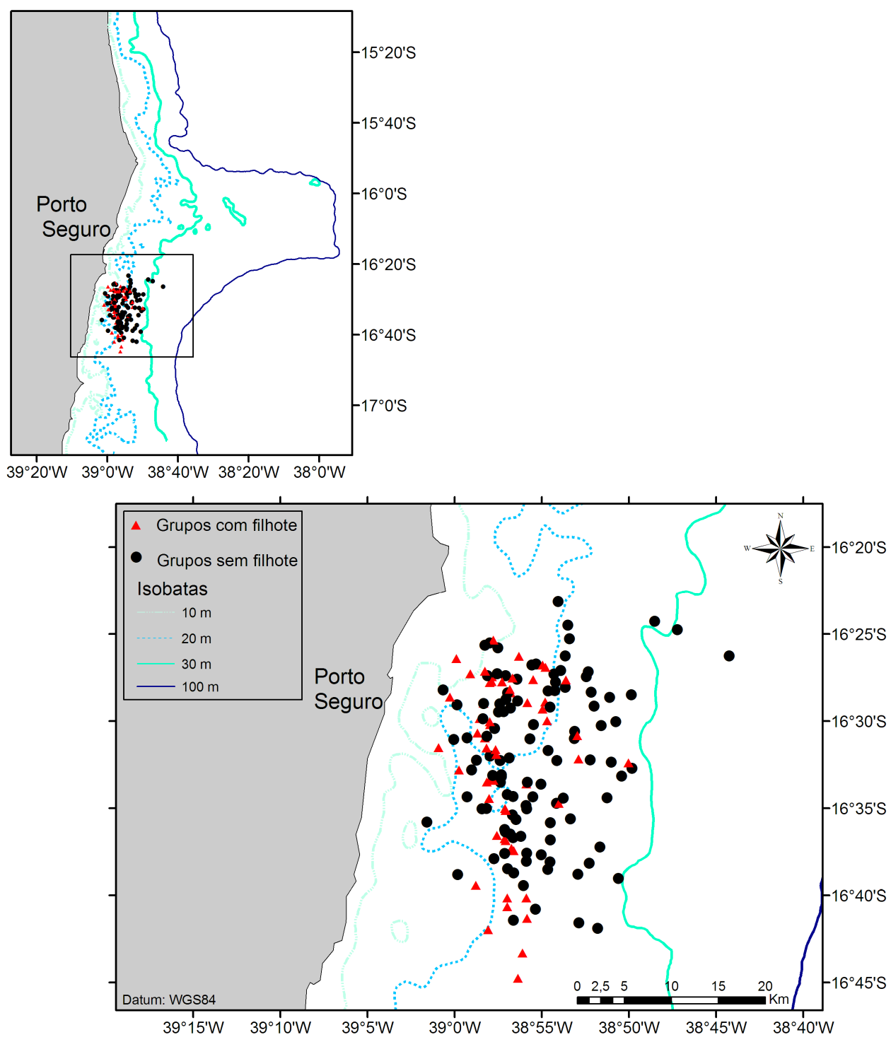 Figura 2: Mapa com pontos de observação dos grupos de baleias registrados, triângulos vermelhos representando
