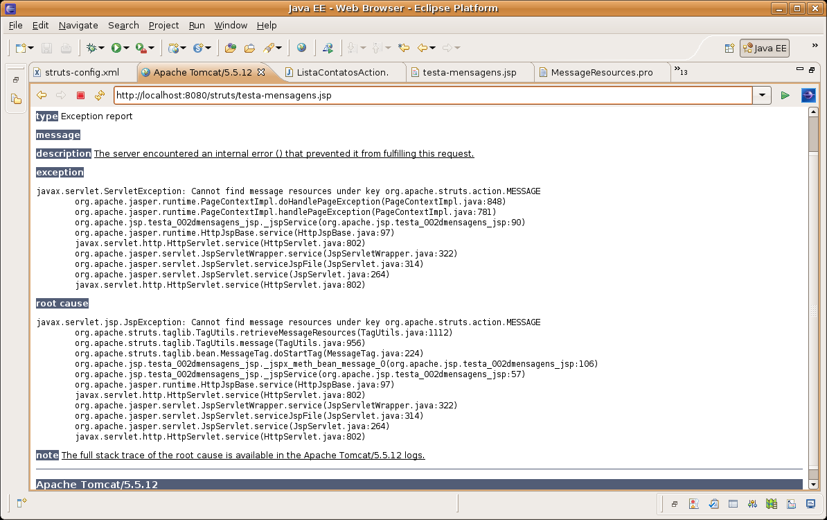 2) Esquecer de alterar o arquivo MessageResources.properties e colocar a mensagem nele. O Struts encontra seu arquivo, mas não encontra a mensagem. Verifique o exercício 2.