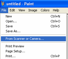 7.23.1 Gostaria de introduzir uma fotografia em MS-Paint 1. Clique [File/From Scanner or Camera] no MS-Paint como mostrado na figura inferior esquerda.