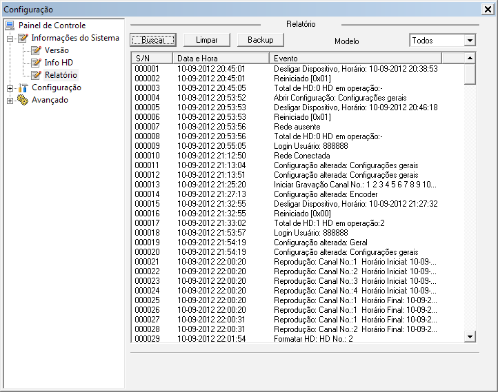 Info HD Relatório Este relatório é o mesmo apresentado no relatório local do NVR, possibilitando o armazenamento de até 1024 eventos.