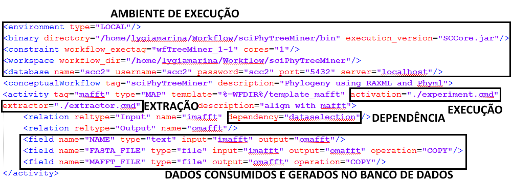 A especificação de cada atividade do workflow, bem como do workflow como um todo, é feita através de um XML, conforme a Figura 7, em que são especificados informações sobre o ambiente de execução,