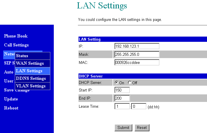 Configurações Lan: 8.44 O endereço ip padrão é 192.168.123.1 para o B.P.S ATA 5300,com a máscara de rede(mask) 255.255.255.0,e servidor DHCP habilitado (ON),o endereço ip para DHCP é de 150 à 200. 8.45 Conecte seu pc à porta LAN do B.
